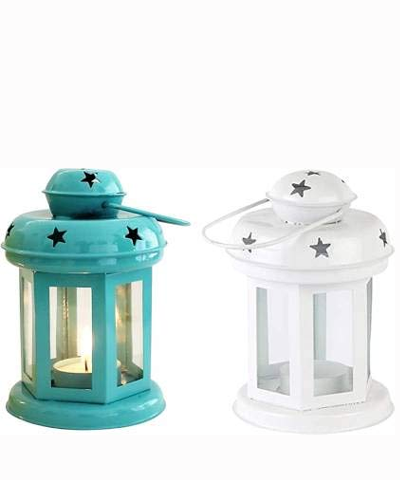 Asian Aura Decorative Iron Lantern with Tealight Candle (Set of 2,White & Blue)