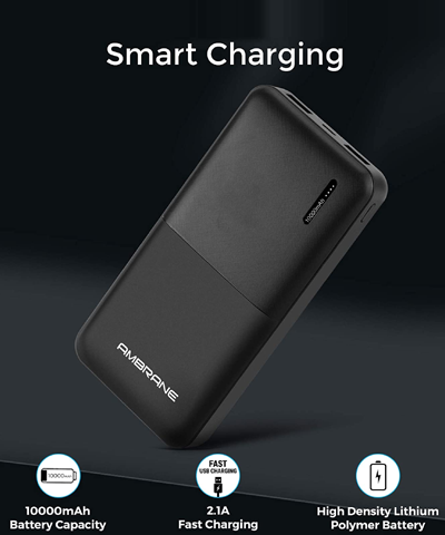 Ambrane 10000mAh Li-Polymer Powerbank with Compact Size & Fast Charging for Smartphones, Smart Watches, Neckbands & Other Devices