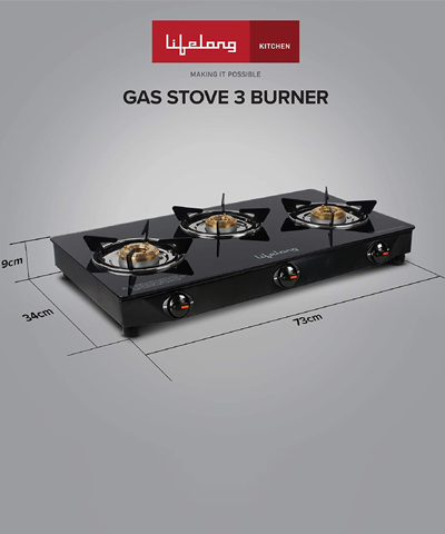 Lifelong Glass Top 3 Burner Gas Stove, Manual Ignition, Black (ISI Certified, Door Step Service)