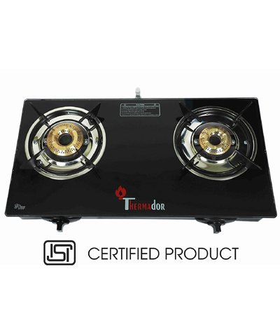 Thermador 8mm Toughened Glass Top, ISI Certified, 2 Brass Burner Gas Stove LPG Use Only, Auto Ignition (Black)