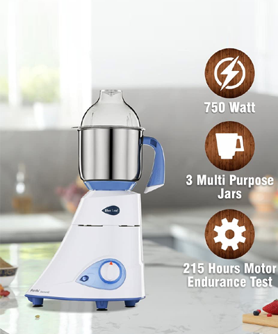 Preethi Blue Leaf Diamond MG-214 mixer grinder 750 watt (Blue/White), 3 jars & Flexi Lid, FBT motor with 2yr Guarantee & Lifelong Free Service