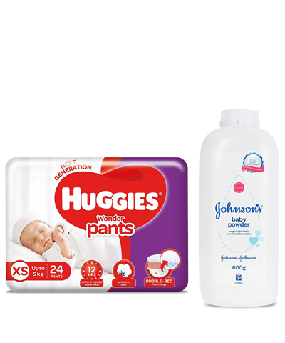 Huggies Wonder Pants, Extra Small (XS) Size Diapers, 24 Count and Johnson's Baby Powder, 600g